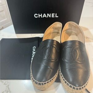 CHANEL Authentic Black Leather Espadrilles Lambskin